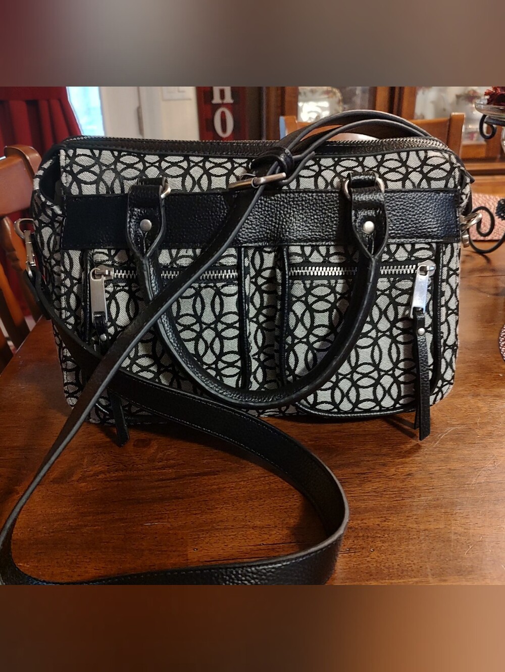 Black & Cream Patterned Women's Satchel Shoulder Bag